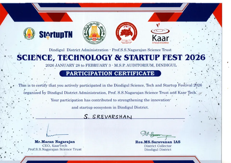 Science, Technology & Startup Fest 2026 certificate