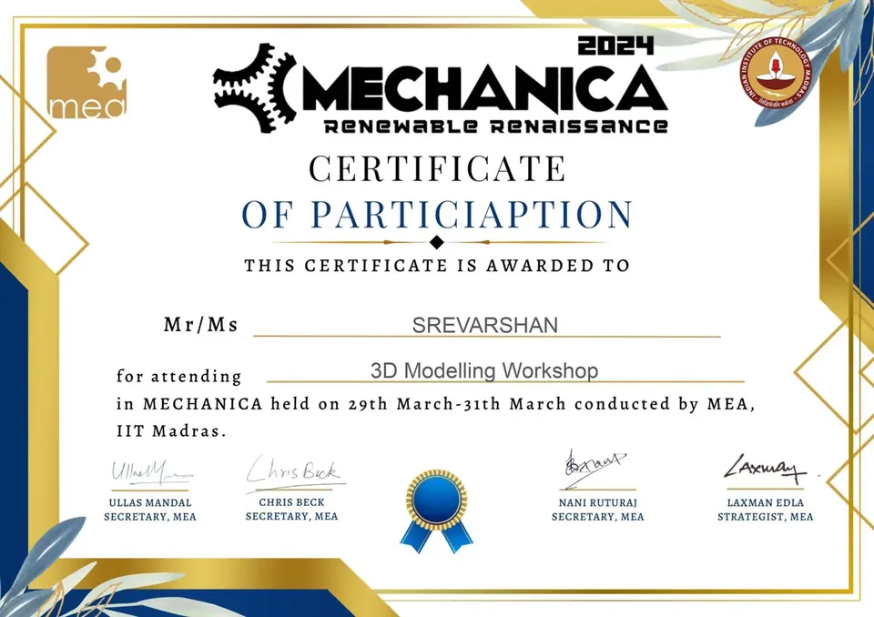 3D Modelling Workshop · Mechanica 2024 certificate