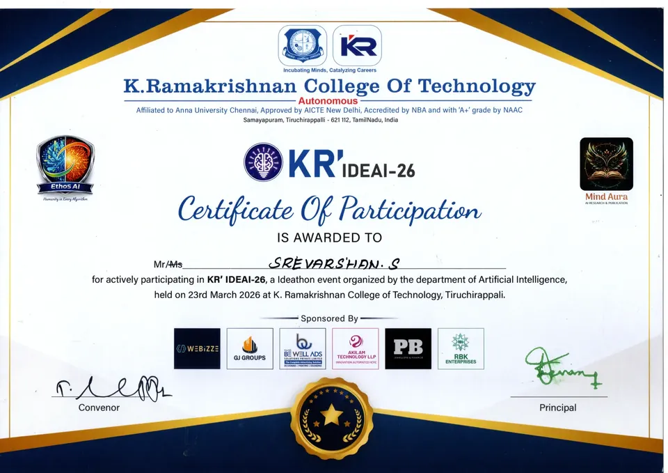 KR IDEAI 26 Hackathon certificate