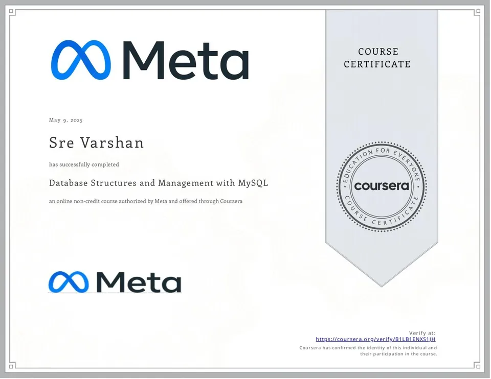 Database Structures & Management with MySQL certificate