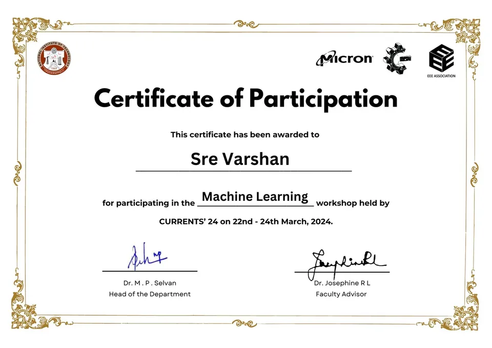 Machine Learning Workshop · Currents '24 certificate