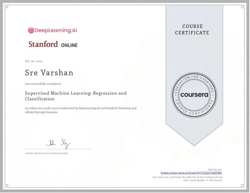 Supervised Machine Learning certificate