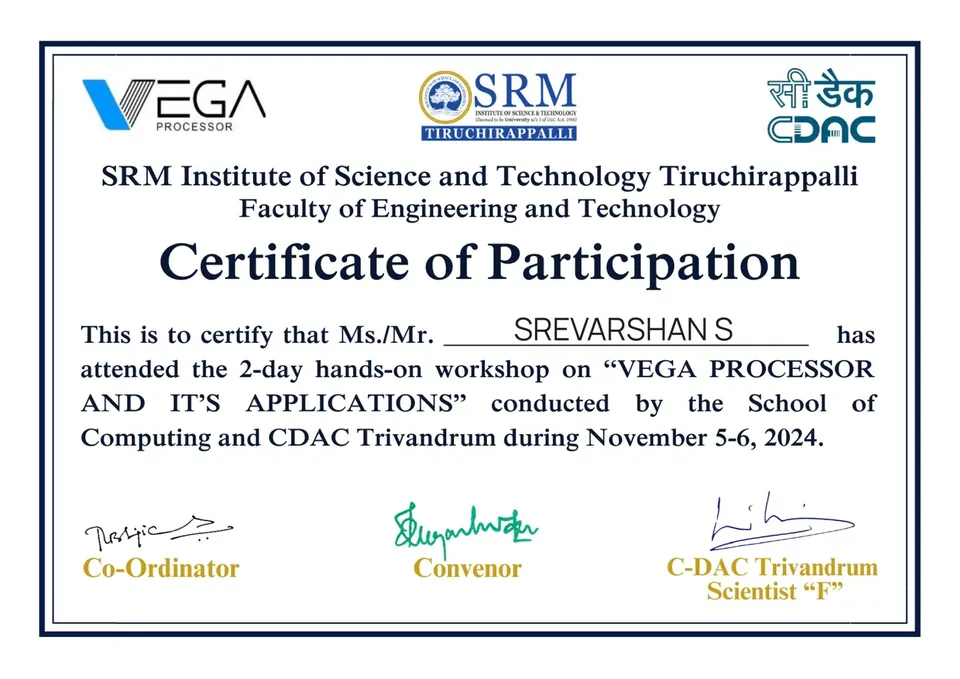 Vega Processor & Its Applications certificate
