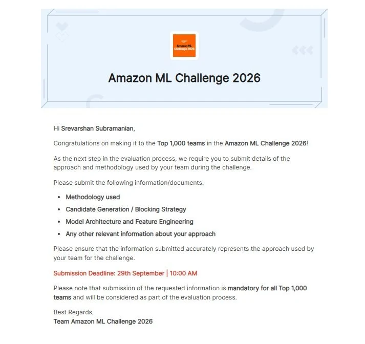 Email from Team Amazon ML Challenge 2026 congratulating Srevarshan Subramanian on making it to the Top 1,000 teams