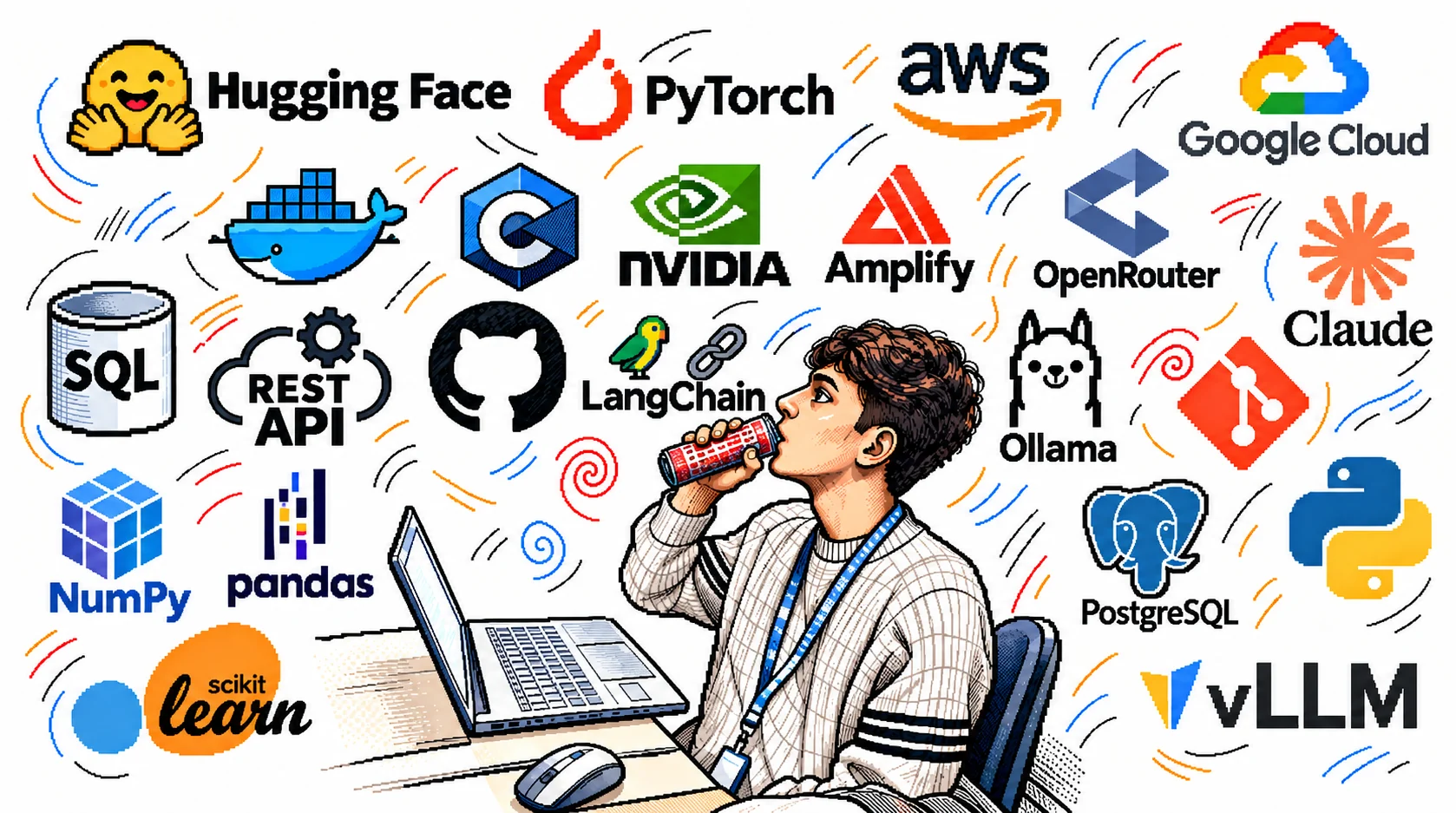 Sketch of Sre Varshan at a laptop surrounded by his tools: Hugging Face, PyTorch, AWS, Google Cloud, Docker, C, NVIDIA, Amplify, OpenRouter, Claude, SQL, REST API, GitHub, LangChain, Ollama, Git, NumPy, pandas, PostgreSQL, Python, scikit learn and vLLM